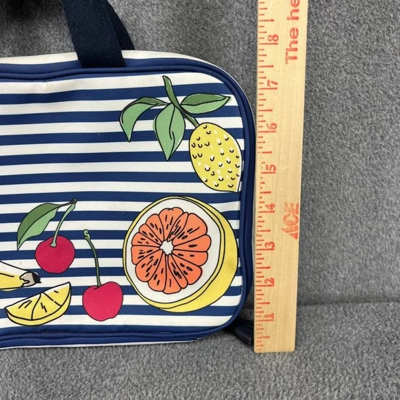Tory Burch Cosmetic Bag Travel Toiletry Organizer Blue White Stripe Fruit Print - Picture 16 of 16